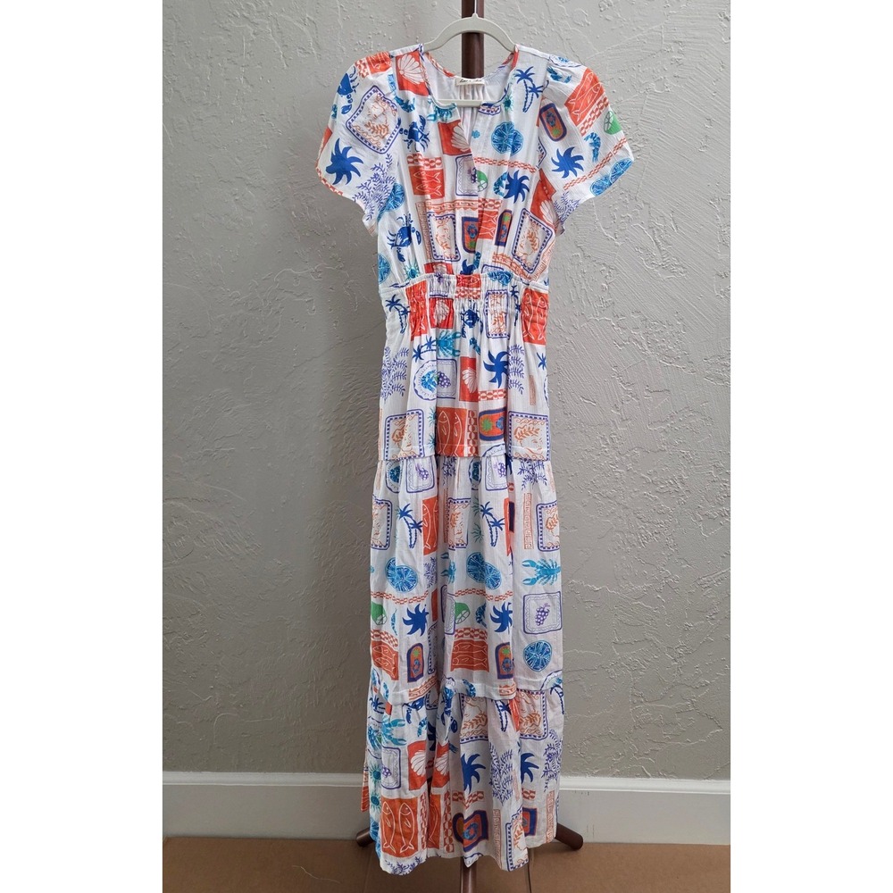 D141. Tropical Coastal Print Tiered‎ Maxi Dress